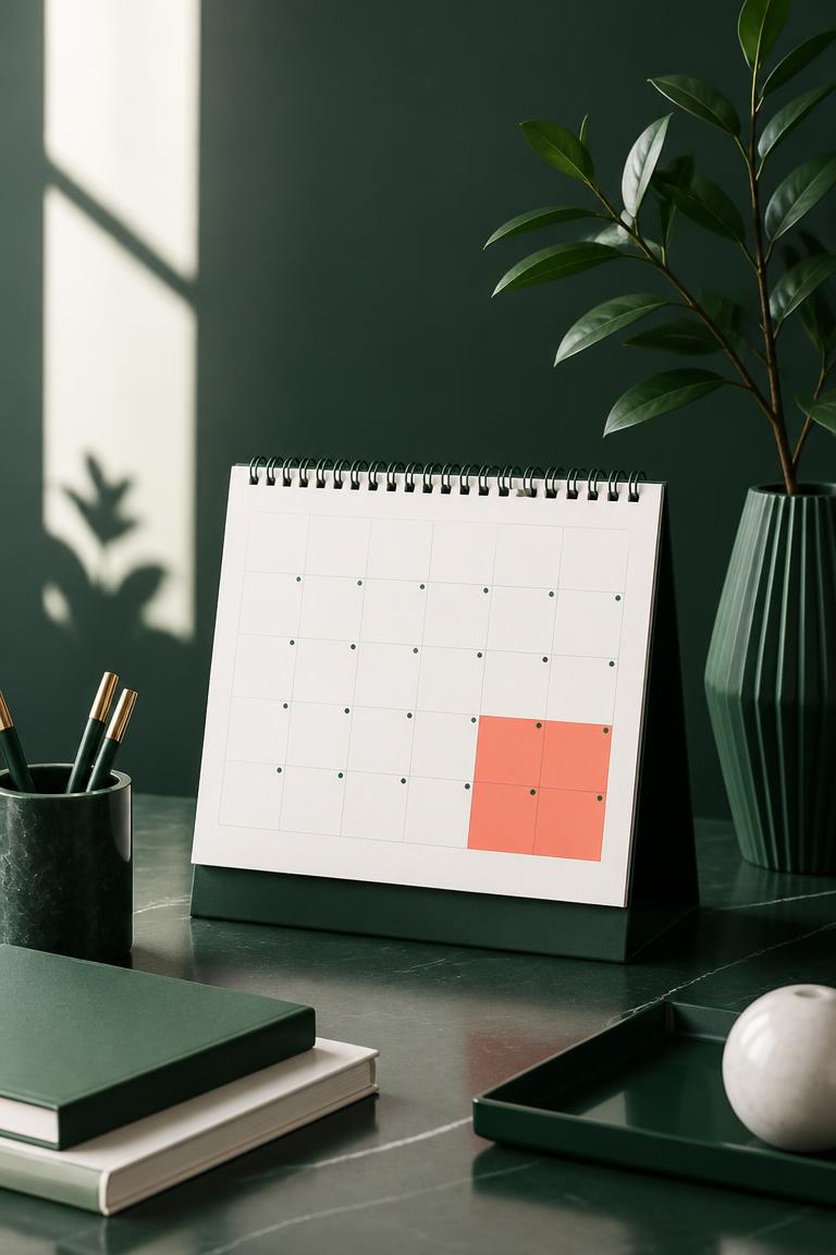 A desk calendar with one quarter marked in coral