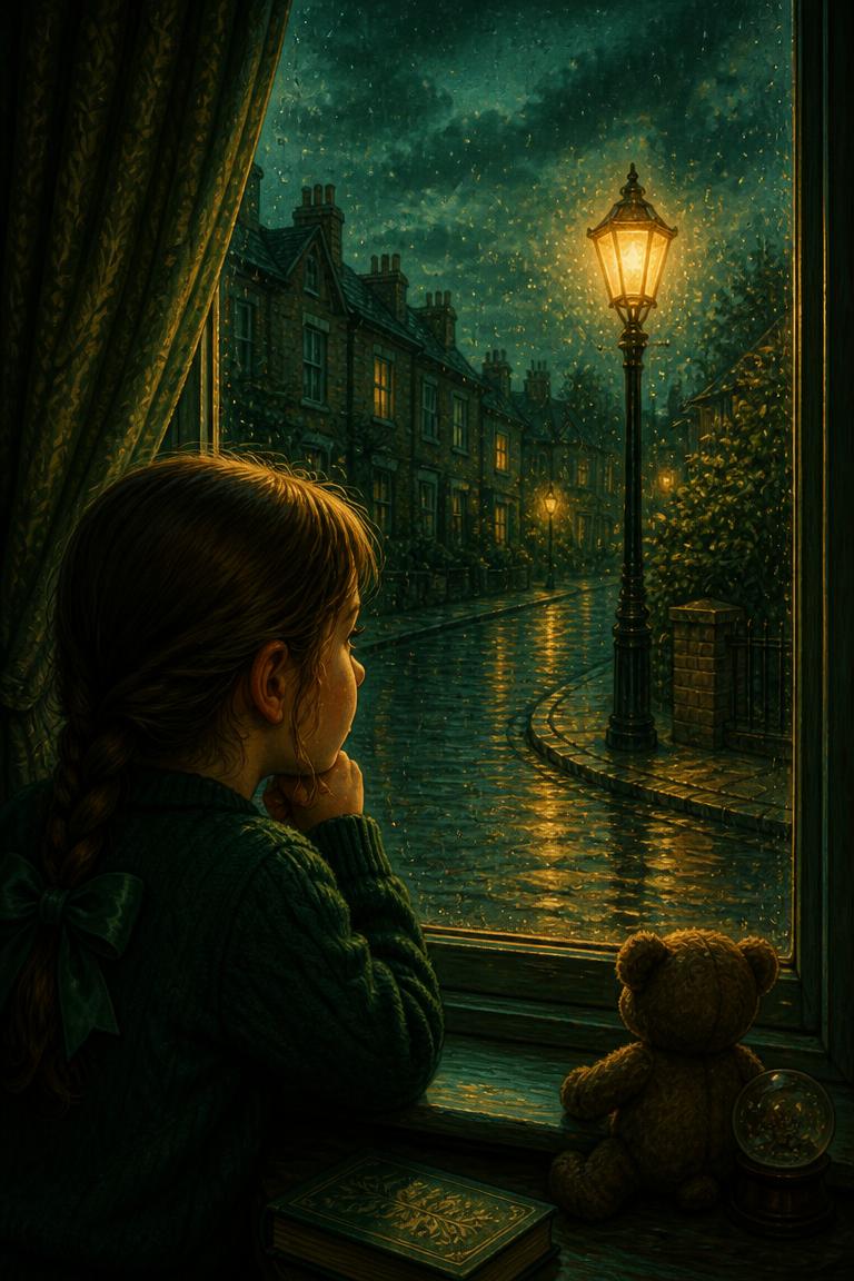 A girl watching a glowing streetlamp through a rainy window