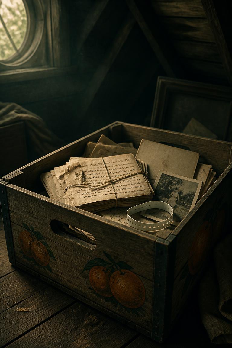 Old letters and family photographs in a wooden fruit crate