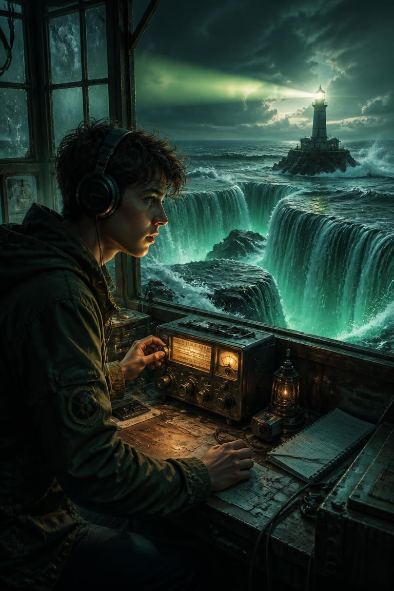A radio operator watching an impossible tide near a lighthouse